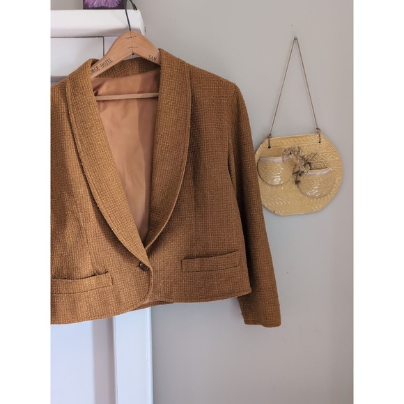 Vintage Doncaster 100% Silk Cropped Tweed One Button Blazer Jacket Sz 8 Tan Gold - Picture 2 of 10